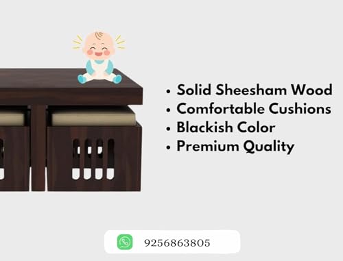 Image of Soild Sheesham Wood Centre Coffee Table with 4 Stools for Living Room Hall Bedroom Office|Wooden Center Coffee Table for Outdoor Garden Home | (Walnut2)