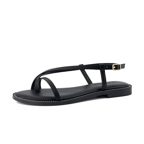 CUSHIONAIRE Luxor Sandals for Women, Strappy Flat Thong Womens Sandals with Adjustable Ankle Strap and Memory Foam