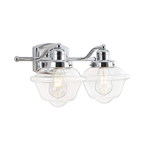 JONATHAN Y JYL3531A Orleans 1675 2 Light IronGlass Schoolhouse Coastal Cottage LED Vanity Light French Country 2700K LED 4W Bulbs Entryway Lobby Kitchen Bathroom Bedroom Hallway Chrome