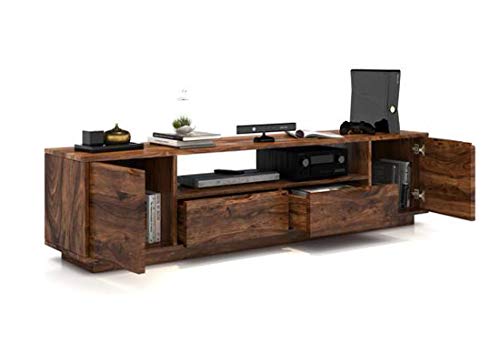 Image of DRIFTINGWOOD Malvina Sheesham Wood Sideboard Low Height TV Cabinet for Living Room | Wooden Free Standing TV Unit Side Board Table with 2 Drawer, 2 Door Cabinet & Shelf Storage | Teak Brown