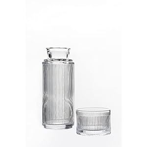 Alfi+Mag Bedside Glass Water Carafe and Tumbler Set – 24.7 Oz Water Bottle with 5.7 Oz Drinking Glass Cup for Nightstand, Mouthwash Decanter Bathroom Set, (Ripple Clear Glass)