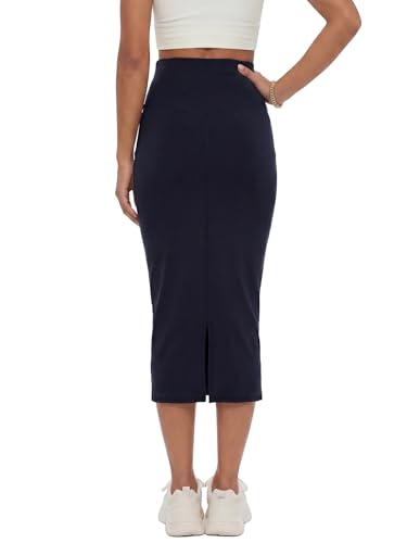 Image of Rooscier Women's High Waisted Pencil Midi Skirt | Stretchy Bodycon Knee Length Skirts with Back Slit