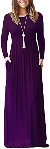 AUSELILY Women's Round Neck Floor Length Casual Maxi Pocket Dresses with Long Sleeve (M, Purple)