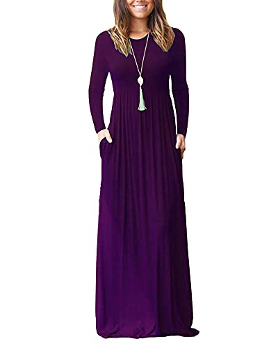 Image of AUSELILY Womens Long Sleeve Maxi Dress Casual Empire Waist with Pockets