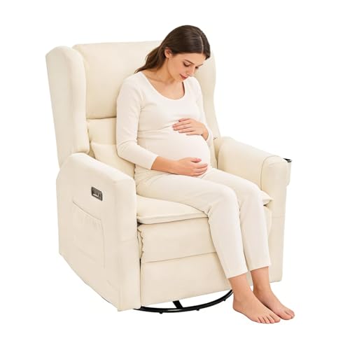 Image of Power Recliner Chair Swivel Glider with Adjustable Headrest,Oversized Swivel Rocker Recliner with Lumbar Support, Upholstered Nursery Glider Recliner for Living Room,White