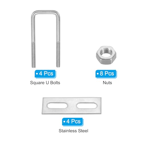 Image of PATIKIL M6x25x70mm Square U-Bolts Kit, 4Set 304 Stainless Steel Square U Shaped Bolts Replacement Parts with Frame Plates and Nuts for Ski Board Sailboat Trailer