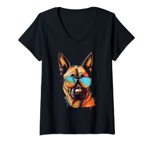 Mujer Belgian Malinois Shepherd Sunglasses Colorful Graphic Funny Camiseta Cuello V
