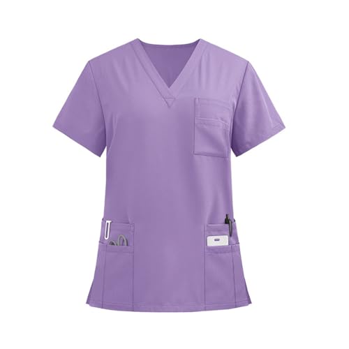 HSUAYEUD Blouse Medicale Femme, Tenue Médecin Infirmiere Courtes avec 3 Poches, Tunique de Travail Médicale Courtes Manches Blouse, V Col Uniforme Dentiste Violet clairXL