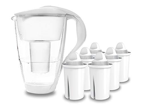 PearlCo - Filtro de Agua de Vidrio (Blanco) con 6 Cartuchos de Filtro Universal Classic - Adecuado para Brita Classic