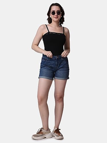 Image of POPWINGS Women Casual Black Rib Solid Sleeve Self Design Noodle Strap Top | Women Tops | Women Regular Tops | Women Tops | Women Stylish Tops