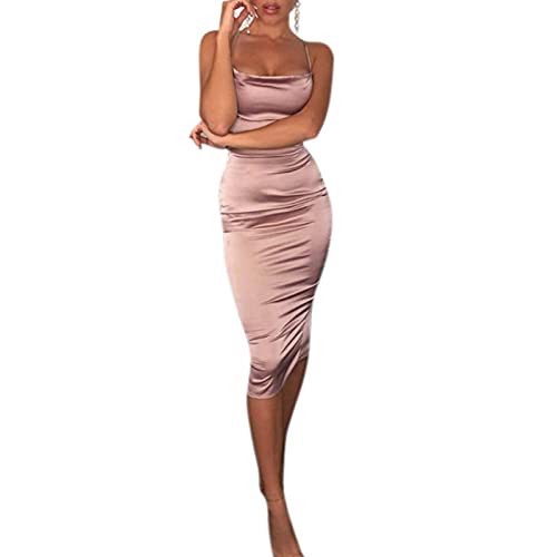 JUMISEE Women Neon Satin Sexy Bodycon Elegant Backless Long Midi Dress for Cocktail Party Clubwear (Light Pink,Medium)