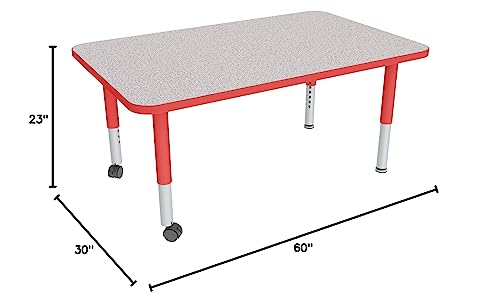 Image of Sprogs Adjustable Height Mobile Classroom Activity Table for Preschools, Rectangle Preschool Activity Table with Casters, 30 inchD x 60 inchW x 23 inchH, Gray /Red