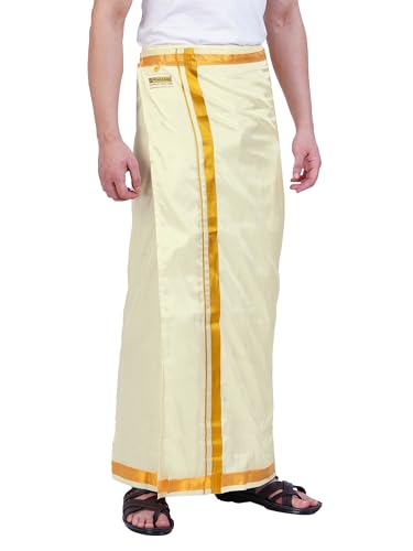 Image of PRAKASAM COTTON Double Layer 8 Mulam Velcro Pocket Dhoti for men | Mundu with Golden Jari Border, Readymade Dhoti for men, Silk Look, South Indian Veshti