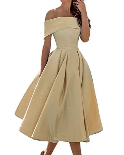 Tomwell Damen Abendkleid Elegante Brautjungfernkleid Mode Einfarbig Wickelkleid Rückenfrei Partykleid Schulterfrei Cocktailkleid Khaki L