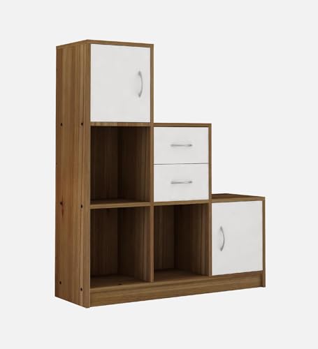 Image of Elegant Multipurpose Storage Unit | Engineered Wood Free Standing Cabinet | Open & Closed Display Shelf Organizer | Lyon Teak & White | DIY Assembly