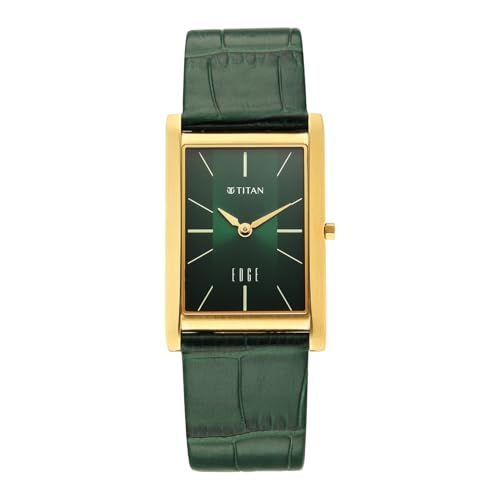 Image of EDGE Titan Monture Quartz Analog with Green Dial Gold Leather Strap Watch for Men - 1043YL11