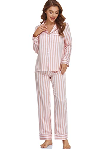 Image of Serenedelicacy Women's Satin Pajama Set Long Sleeve Button Down Sleepwear 2-Piece Silky Pj Set