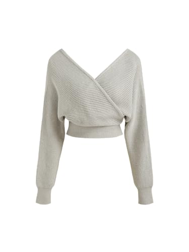 CIDER Cropped Sweaters for Women V Neck Wrap Cross Front Solid Knit Pullover Long Sleeve Tops