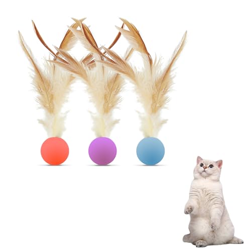 Andiker Juego de 3 bolas para gatos con pluma, coloridas bolas de plumas de gato con buen elástico para el ejercicio de persecución de masticar, juguete interactivo para gatos de interior (S)