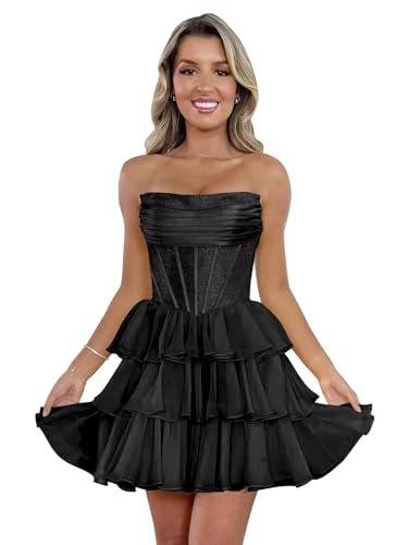 Sparkly Strapless Homecoming Dresses for Teens Tiered Chiffon Short Prom Dress A Line Mini Corset Cocktail Party Gown