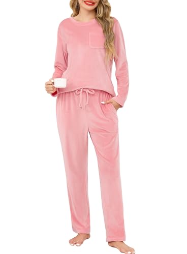 Lovasy Pijamas Mujer Invierno Polar Felpa Fina y Suave Conjunto de Pijama Cálido Largo con Bolsillos,Rosa,XXL