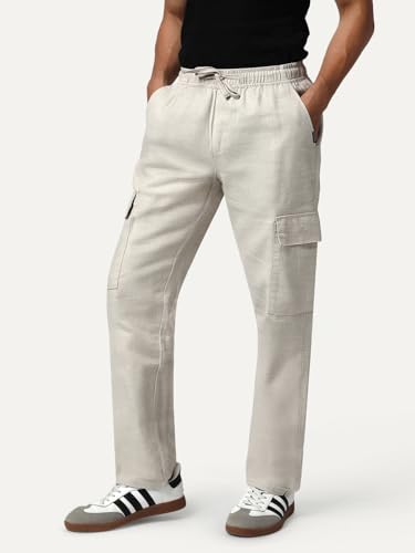Image of Urbano Fashion Men's Straight Fit Linen Cargo Pants with 6 Pockets