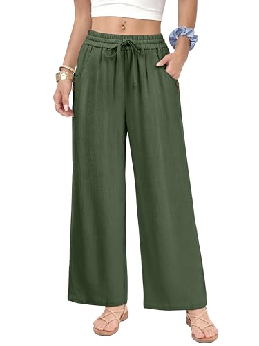 Image of KICZOY Women Flowy Pants Drawstring Waist Wide Leg Palazzo Beach Pants Loose Fit with Pockets