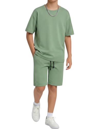 Image of Arshiner Boys Drop Shoulder T-Shirt & Drawstring Waist Shorts Summer Casual Outfits (5-12 Years)