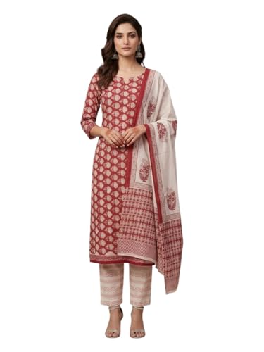 Image of Eddika women unstitched hand block printed cotton suit set with mulmul dupatta ehbpcswmd0120P