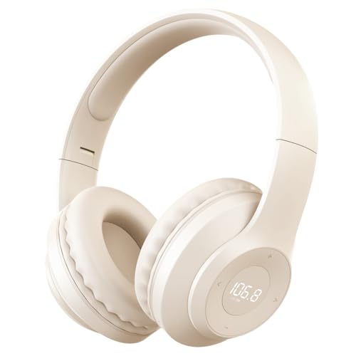 X5 Rechargeable & Portable FM Radio Headphones with Best Reception, LED Display, Soft Ear Muffs, FM Headset Radio Receiver for Meeting, Works, Hiking, Jogging (Beige)