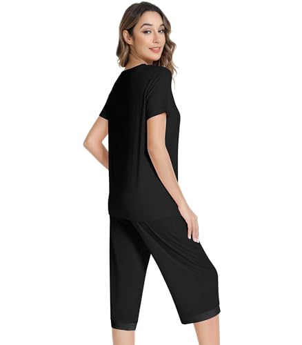 Image of NACHILA Pajamas Set for Women-Viscose Made from Bamboo, Short Sleeve Sleepwear Soft Capri Pants Pajamas with Pocket Cool Pjs