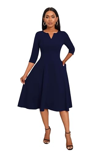 Image of Nmoder Midi Dresses for Women A-Line Fit and Flare Dress 3 /4 Sleeve V Neck Cocktail Wedding Guest Work Dress with Pockets