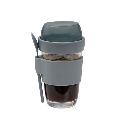 Image of Stegl Glass Yogurt & Coffee Cup 400ml with Dual-Compartment Topping Lid, One-Hand Flip Click Lock, Spoon & Silicone Sleeve - For Overnight Oats, Cereal, Fruit & Coffee Snacks