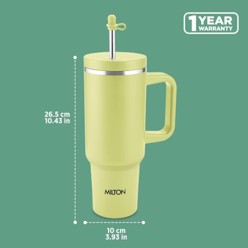 Image of Milton My Tumbler 1200 Thermosteel Double Wall Vacuum Insulated Stainless Steel Tumbler with Handle 1100ml,Leak Proof Travel Mug, Straw,Silicon Cap Cleaning Brush, Hot & Cold Beverage Flask,Moss Green