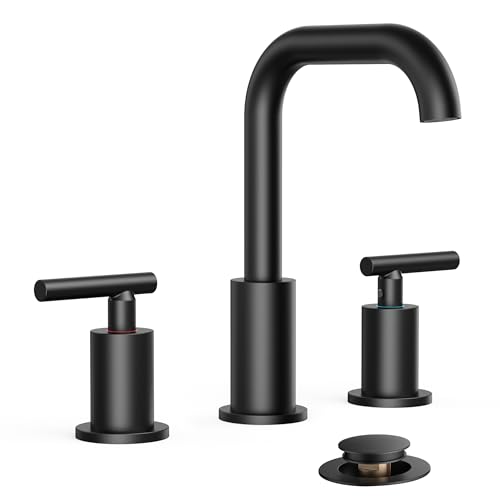 FORIOUS Matte Black Bathroom Faucet 3 Hole Widespread, 8 Inch Bathroom Sink Faucets Two-Handle with Pop Up Drain and Water Supplies for Vanity Restroom RV Lavatory Sink
