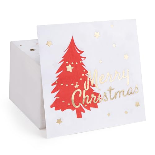 BeBesta 80 Pack Merry Christmas Paper Napkins Red Green Gold Xmas Tree Disposable Party Luncheon Napkins for Christmas New Year Holiday Dinner Party Supplies, 6.5 x 6.5 Inch (Red)