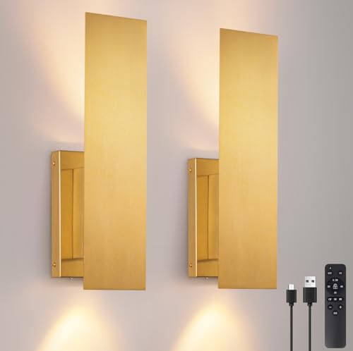 Image of Gold Wireless Wall Sconces Set of Two,3000K-6000K Dimmable Battery Operated Wall Sconce with Remote,USB Rechargeable LED Wall Lights for Living Room Bedroom Hallway