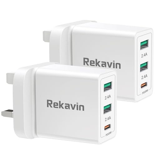 2 Pack USB Plug UK 3 Pin Mains Charger,Rekavin Multi USB Charger Plug Adaptor UK Compact Triple Port Charge Head 5V/2.4 AMP Charging for iPhone 11/11 Pro/10/Xs/XS Max/XR/X/8/7/6 Plus/5/4,iPad etc