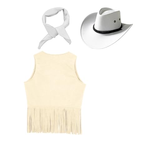 Moily Kids Girls Faux Suede V Neck Fringe Waistcoat with Cowgirls Hat Bandana Western Clothes4