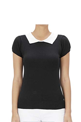 YEMAK Women's Knit Sweater Top â€“ Short Sleeve Contrast Collar Puff Shoulder Classic Casual Knitted Soft T Shirt Pullover MK3591-BLK/IVR-M