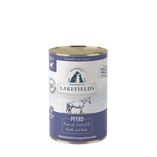 Lakefields Comida para perros de alta calidad húmeda | caballo 60% | 6 x 400 g | Comida húmeda sin cereales para perros | Ingredientes naturales de calidad alimentaria | Batatas, zanahorias y calabaza