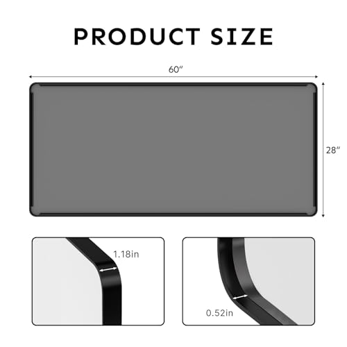 Image of Kosmonia 60x28 inch Black Bathroom Mirror Metal Framed Rounded Rectangle | Oversized Wall Mounted Mirror, Anti-Rust, HD Reflection, Tempered Glass, Hangs Horizontally or Vertically