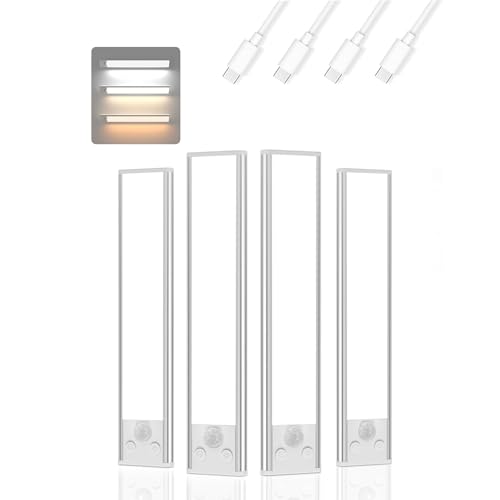 Image of Under Cabinet Lighting, 3 Color Magnetic Motion Activated Under Cabinet Lights, Rechargeable Closet Lights 1800mAh Battery Operated, Wireless Dimmable Under Counter Lights for Kitchen,Hallway 4 Pack