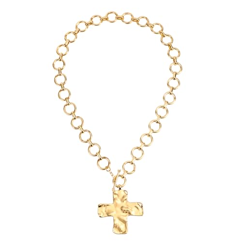 Hammered Cross Necklace, Chunky Statement Gold Cross Chain Necklace Gold Bold Cross Pendant Necklace Hammered Chunky Thick Necklace for Women Fashion Jewelry Accessories