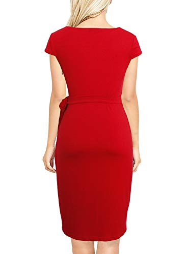 Image of Women's Vintage Cap Sleeves Asymmetrical Neckline Sheath Bodycon Casual Work Cocktail Party Pencil Faux Wrap Dresses