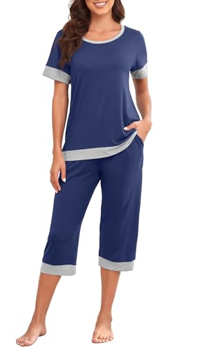 PrinStory Women's Pajama Set Short Sleeve Shirt and Capri Pants Sleepwear Pjs Sets Lounge Set Navy...
