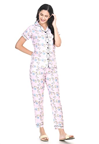 Image of Mysaa Women's Cotton Solid Printed Night Suit Set of Shirt & Pyjama