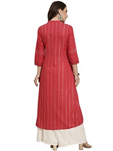 Image of Juniper Red Cotton Dobby Printed A-Line Kurta with Mask