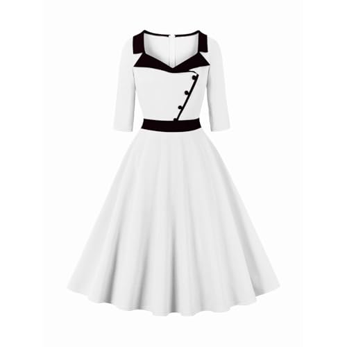 Rockabilly Kleider Damen 50er Jahre Vintage Audrey Hepburn Kurzarm V-Ausschnitt Polka Dot Swing Coctailkleid 6#Weiß XXL