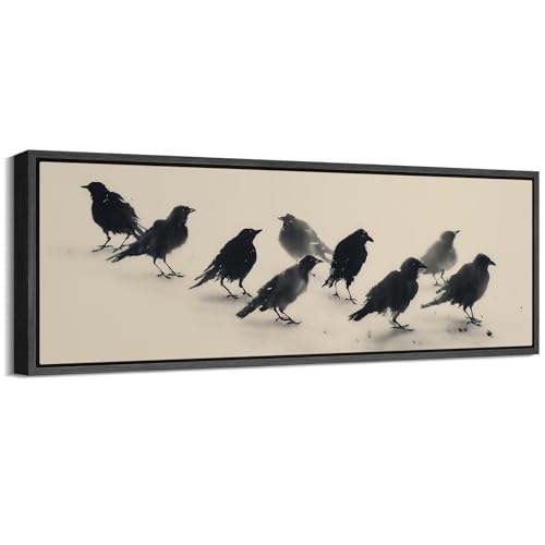 Image of MUDECOR Large Framed Canvas Print Wall Art Minimalist Black Crow Flock Ink Style Neutral Antique Retro Ready to Hang Painting for Living Room Bedroom Multi-Sizes - 60 inchx20 inch
